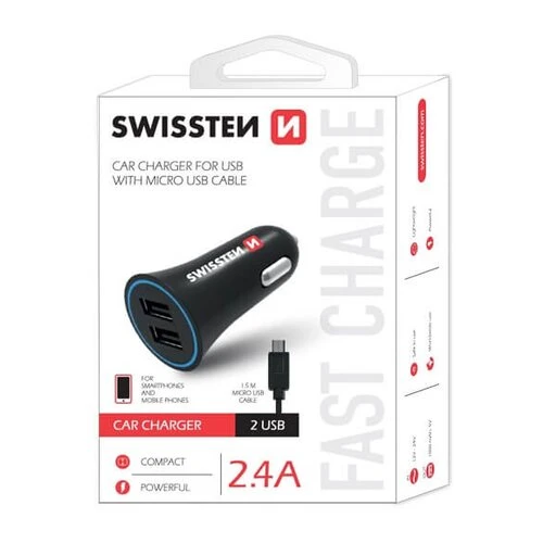 Autonabíjačka Swissten CL 2xUSB 2,4A + Kábel MicroUSB 1.5m Čierna