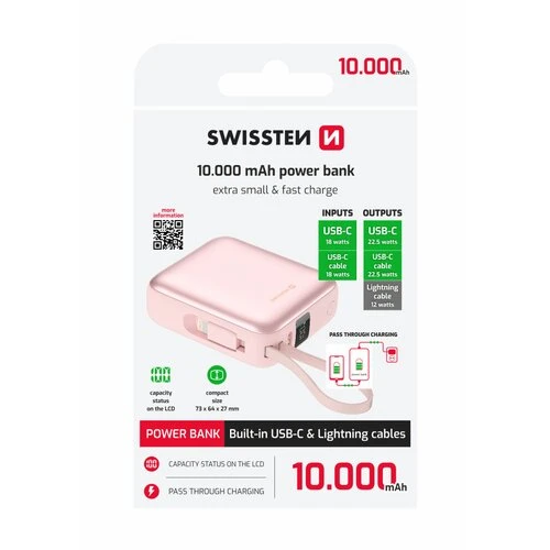 Swissten Powerbanka Space 10 000 mAh USB-C a Lightning kábel - Ružová