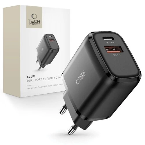 Nabíjačka Tech-Protect C20W 2-port PD 20W/QC3.0 - čierna