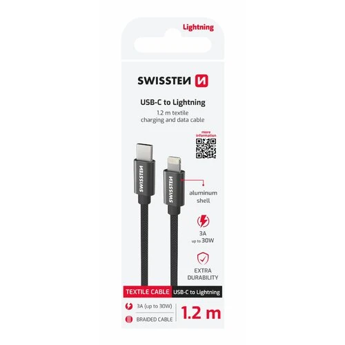 Dátový kábel Swissten USB-C/Lightning 1.2m Čierny opletený