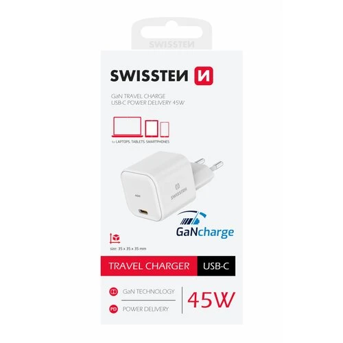 Swissten sieťový adaptér GaN 1x USB-C 45W POWER DELIVERY Biely