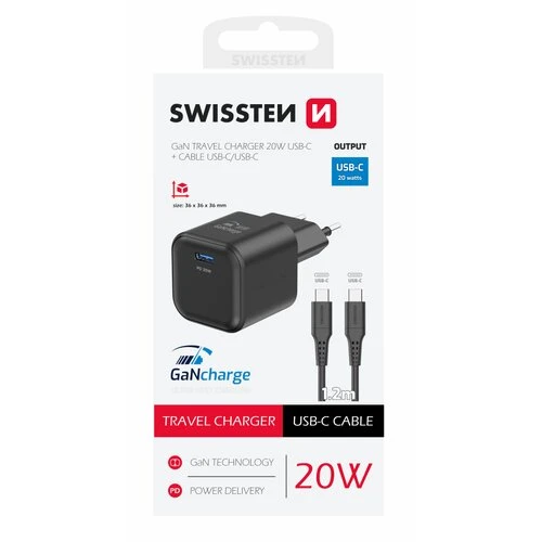 NABÍJAČKA 20W GaN (1x USB-C 20W PD) + DÁTOVÝ KÁBEL USB-C/USB-C 1,2 M Čierna