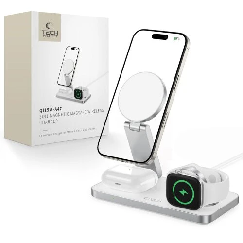 Bezdrôtová nabíjačka Tech-Protect QI15W-A47 3v1 Magsafe magnetická - biela