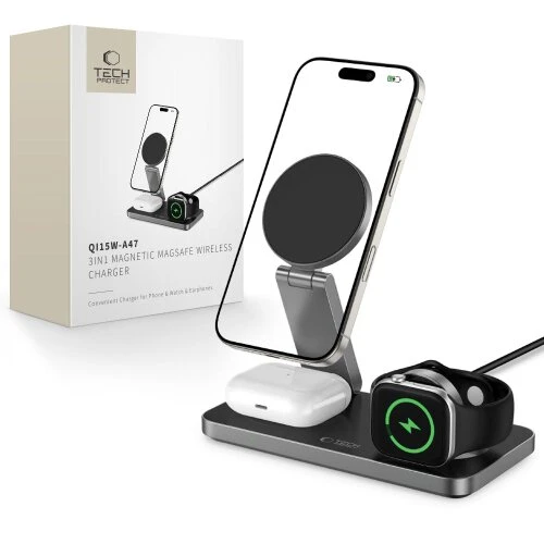 Bezdrôtová nabíjačka Tech-Protect QI15W-A47 3v1 Magsafe magnetická - čierna