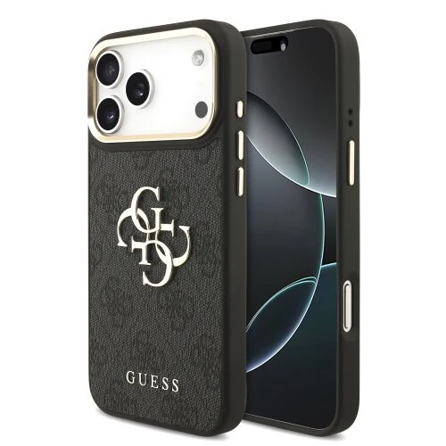 Guess PU Leather 4G Metal Logo Gold Frame Zadní Kryt pro iPhone 18 Pro Max Black