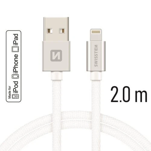 Lightning (8pin) kábel MFI Swissten opletený, 2M - bielo-strieborný