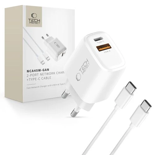Nabíjačka Tech-Protect NCA45W-GaN 2-port PD 45W/QC3.0 + USB-C kábel - biela
