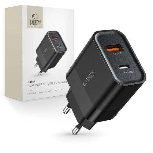 Nabíjačka Tech-Protect C30W 2-port PD 30W/QC3.0 - čierna