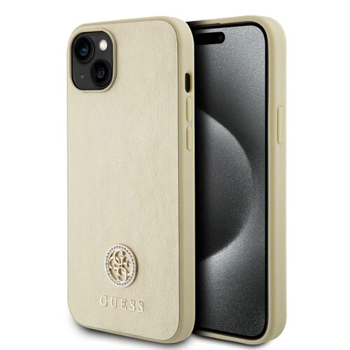 Guess PU 4G Strass Metal Logo Zadní Kryt pro iPhone 15 Gold