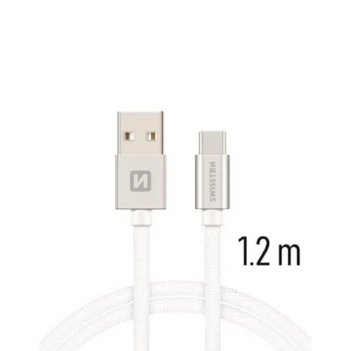 USB-C Kábel Swissten opletený, Quick charge, 3A, 1,2m - strieborno-biely