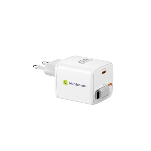EKO NABÍJAČKA 45W GaN s vyťahovacím káblom (1x USB-C 45W PD + 1x USB-C 45W kábel 80cm) Biela