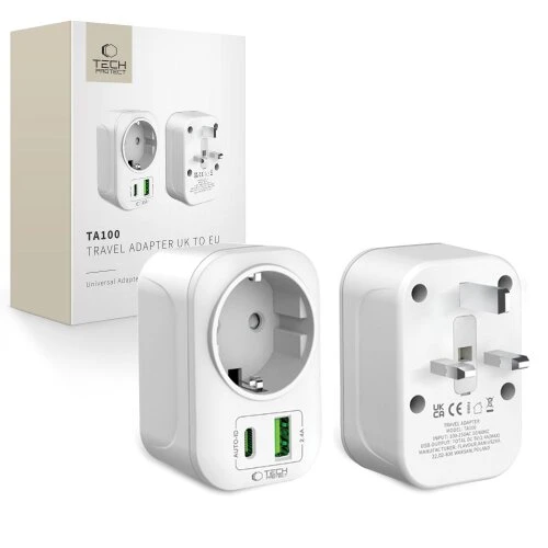 Cestovný adaptér Tech-Protect TA100 UK na EU - biely