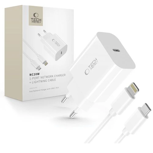 Nabíjačka Tech-Protect NC20W 1-port PD 20W + Lightning kábel - biela