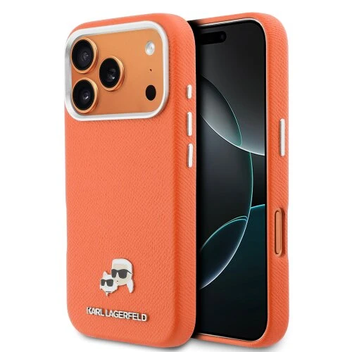 Karl Lagerfeld PU Karl and Choupette Heads Pins MagSafe Zadní Kryt pro iPhone 17 Pro Max Orange
