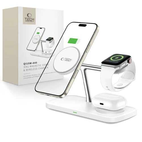 Bezdrôtová nabíjačka Tech-Protect QI15W-A45 3v1 Magsafe magnetická - biela