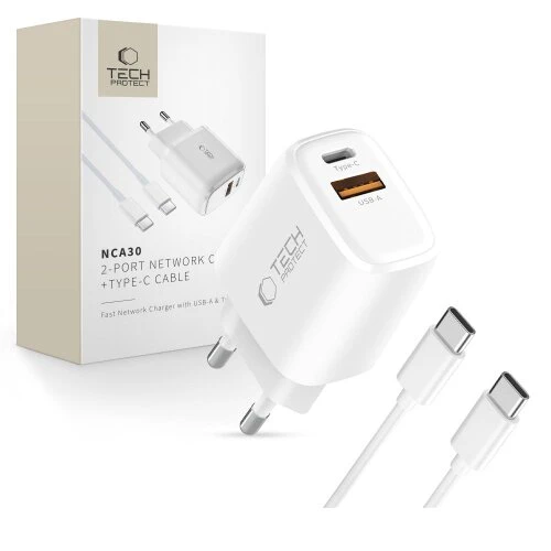 Nabíjačka Tech-Protect NCA30 2-port PD 30W/QC3.0 + USB-C kábel - biela