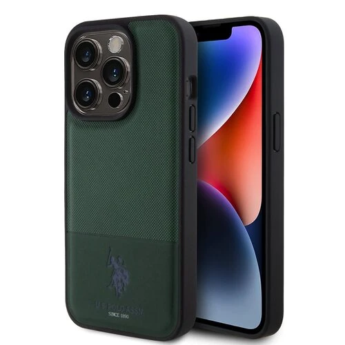 Puzdro U.S. Polo PU Leather Mesh Pattern Double Horse iPhone 15 Pro - zelené