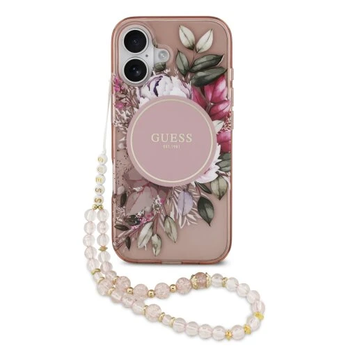 Guess IML Flowers Strap MagSafe Zadní Kryt pro iPhone 17 Pink