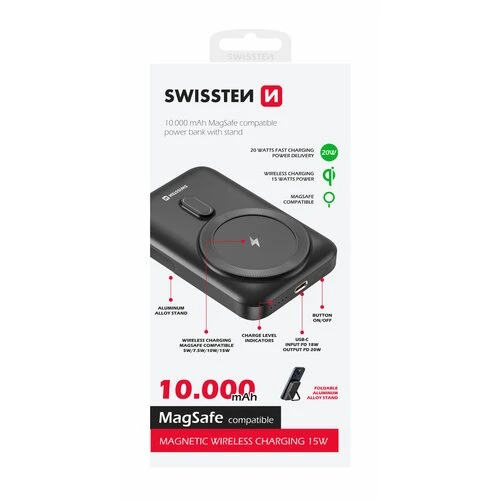 Swissten MagSafe Bezdrôtová Powerbanka 10000 mAh 20W PD Čierna