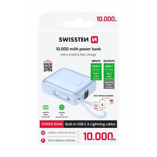 Swissten Powerbanka Space 10 000 mAh USB-C a Lightning kábel - Modrá