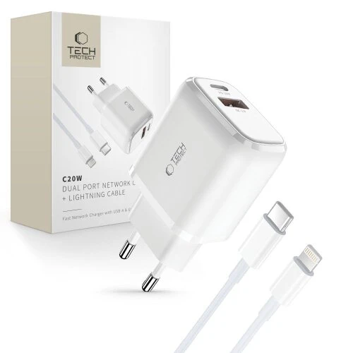 Nabíjačka Tech-Protect C20W 2-port PD 20W/QC3.0 + Lightning kábel - biela