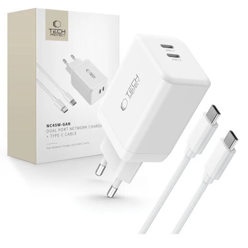 Nabíjačka Tech-Protect NC45W-GaN 2-port PD 45W + USB-C kábel - biela