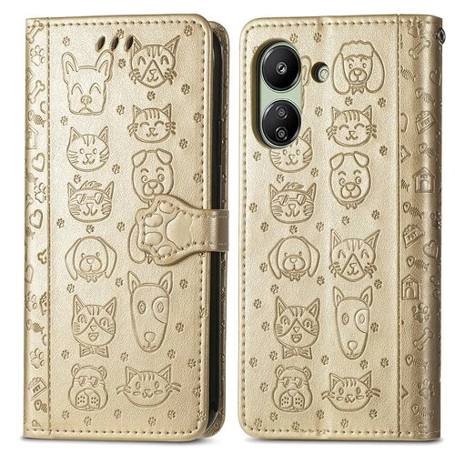 Puzdro Pet Book Xiaomi Redmi 13C/Poco C65, vzor mačka a pes - zlaté