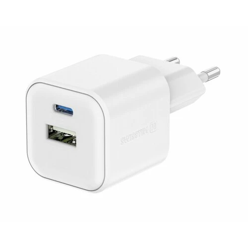 Swissten nabíjačka 20W 2-portová GaN (1x USB-C 20W PD + 1x USB-A 18W QC3.0) Biela