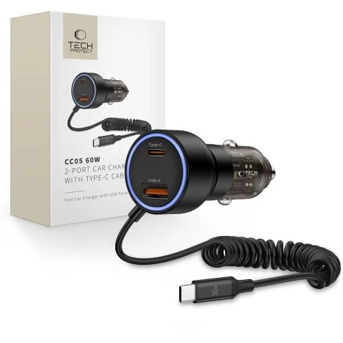 Nabíjačka Tech-Protect CC05 2-port do auta PD 60W + kábel - čierna