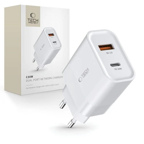 Nabíjačka Tech-Protect C30W 2-port PD 30W/QC3.0 - biela
