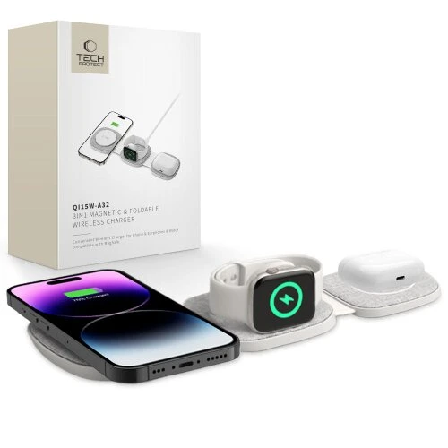 Nabíjačka Tech-Protect QI15W-A32 3v1 Magsafe magnetická bezdrôtová 15W - sivá