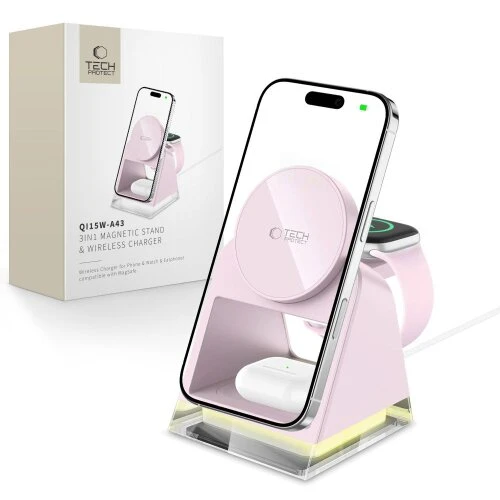 Bezdrôtová nabíjačka Tech-Protect QI15W-A43 3v1 Magsafe - baby pink