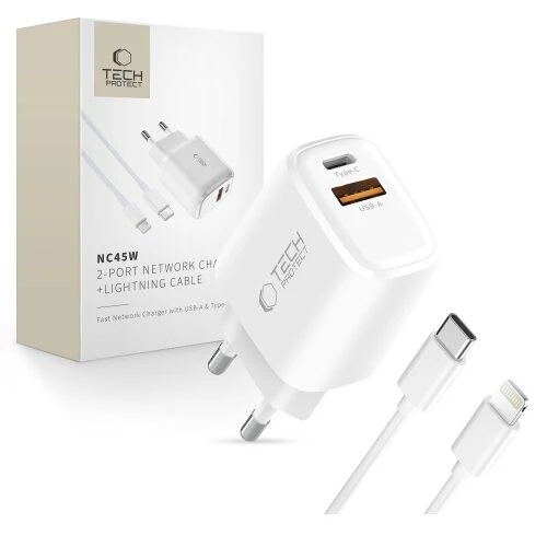 Nabíjačka Tech-Protect NCA45W-GaN 2-port PD 45W/QC3.0 + Lightning kábel - biela