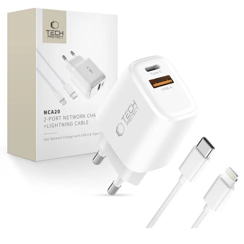 Nabíjačka Tech-Protect NCA20 2-port PD 20W/QC3.0 + Lightning kábel - biela