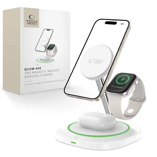 Bezdrôtová nabíjačka Tech-Protect QI15W-A46 3v1 Magsafe magnetická - biela