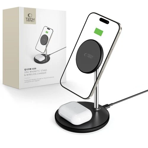 Bezdrôtová nabíjačka Tech-Protect QI15W-A39 2v1 Magsafe magnetická - čierna