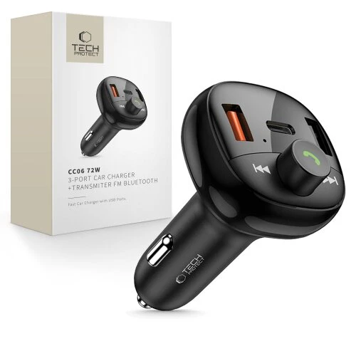 Nabíjačka Tech-Protect CC06 3-port do auta PD 72W + FM Bluetooth transmiter - čierna