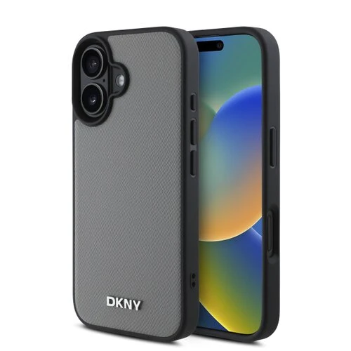 Puzdro DKNY PU Leather Silver Metal Logo Magsafe iPhone 16 - šedé