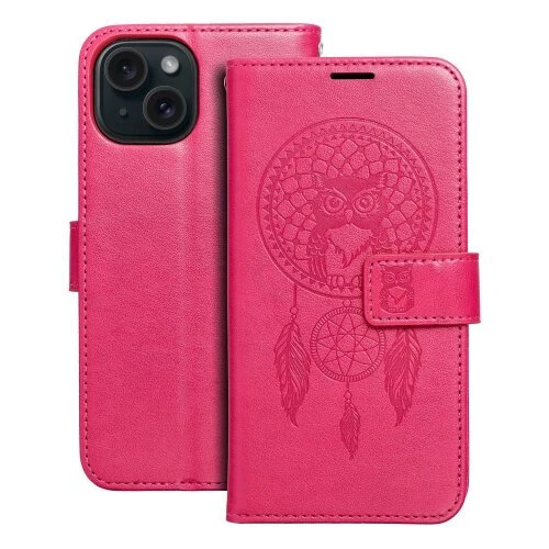 Puzdro Mezzo Book iPhone 15, vzor dreamcatcher - červené