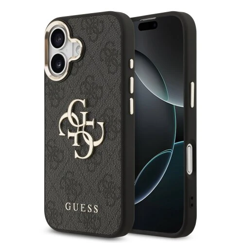 Guess PU Leather 4G Metal Logo Gold Frame Zadní Kryt pro iPhone 17 Black