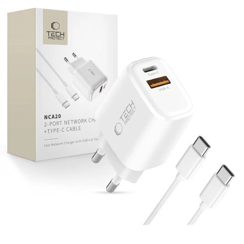 Nabíjačka Tech-Protect NCA20 2-port PD 20W/QC3.0 + USB-C kábel - biela