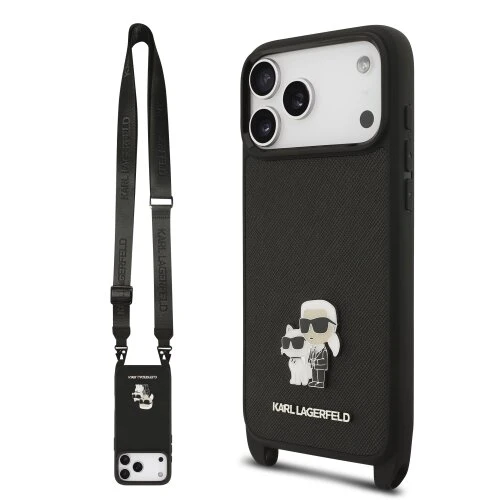 Karl Lagerfeld Saffiano Crossbody Popruh Metal Karl and Choupette Zadní Kryt pro iPhone 17 Pro Max Black
