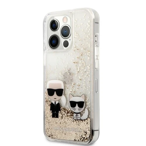 Puzdro Karl Lagerfeld KLHCP13XGKCD Liquid Glitter Karl and Choupette iPhone 13 Pro Max - zlaté