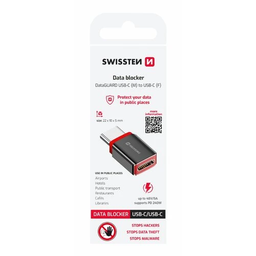 Bezpečnostý nabíjací adaptér s blokáciou dát Swissten DataGuard USB-C (samec)/USB-C (samica) - čierny