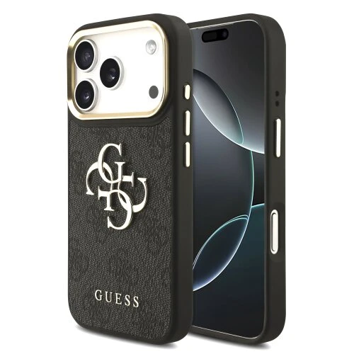 Guess PU Leather 4G Metal Logo Gold Frame Zadní Kryt pro iPhone 18 Pro Black