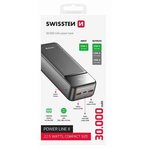 Swisssten Power Line II Powerbanka 30000 mAh 22,5W - čierna