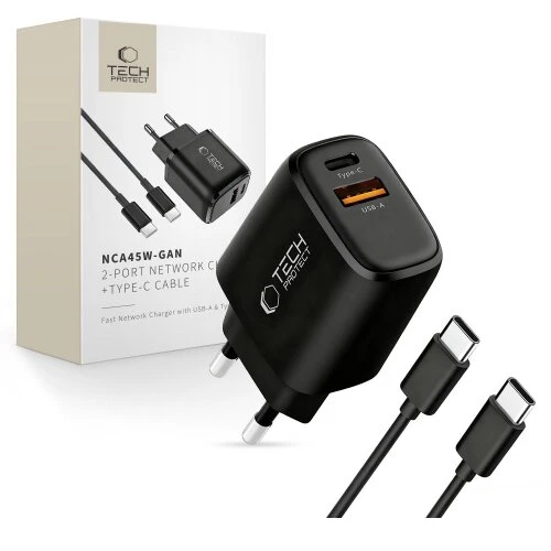 Nabíjačka Tech-Protect NCA45W-GaN 2-port PD 45W/QC3.0 + USB-C kábel - čierna