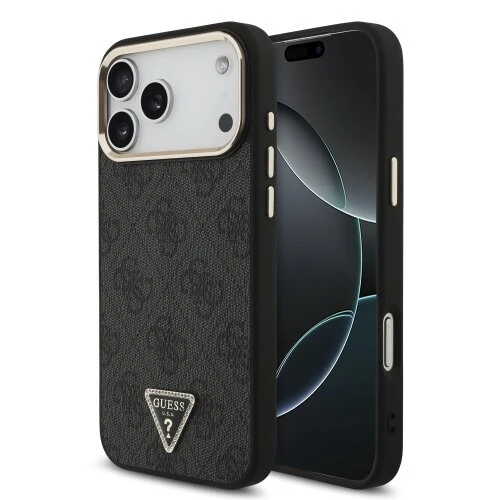 Guess PU Leather 4G Strass Triangle Logo Gold Frame MagSafe Zadní Kryt pro iPhone 18 Pro Max Black