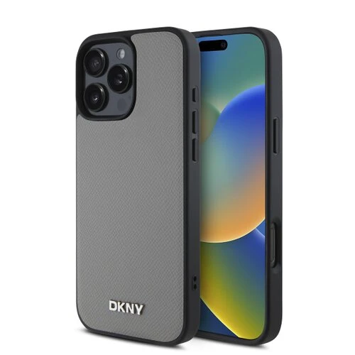 Puzdro DKNY PU Leather Silver Metal Logo Magsafe iPhone 16 Pro - šedé