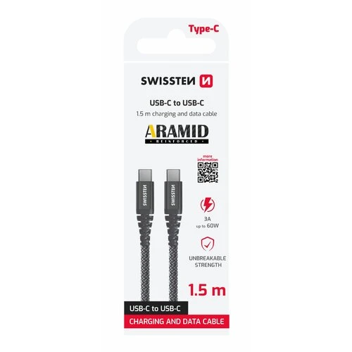 Dátový kábel Swissten USB-C/USB-C, 60W 1,5m, Čierny Aramid
